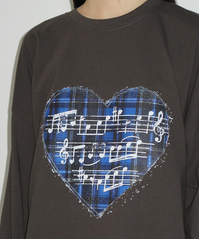 RONRON VINTAGE HEART MUSIC OVER FIT LONG SLEEVE CHARCOAL