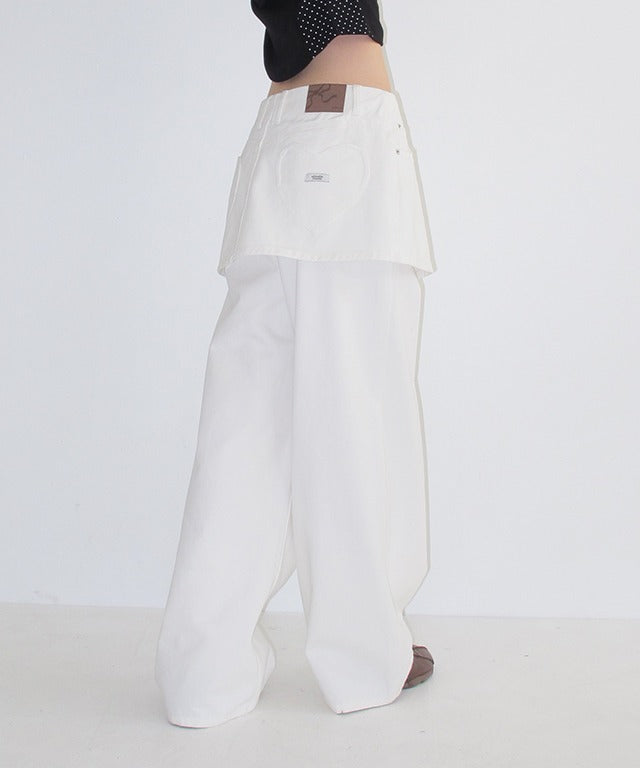 RONRON HEART POCKET DENIM SKIRT LAYERED PANTS WHITE – SeoulSeoul