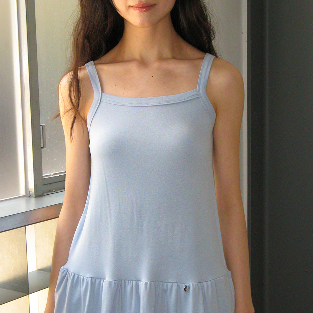 春の人気【RONRON】 PENDANT RUFFLE LAYERED SLIM LONG SLEEVE RONRON PENDANT RUFFLE LAYERED SLIM SLEEVELESS SOFT BLUE