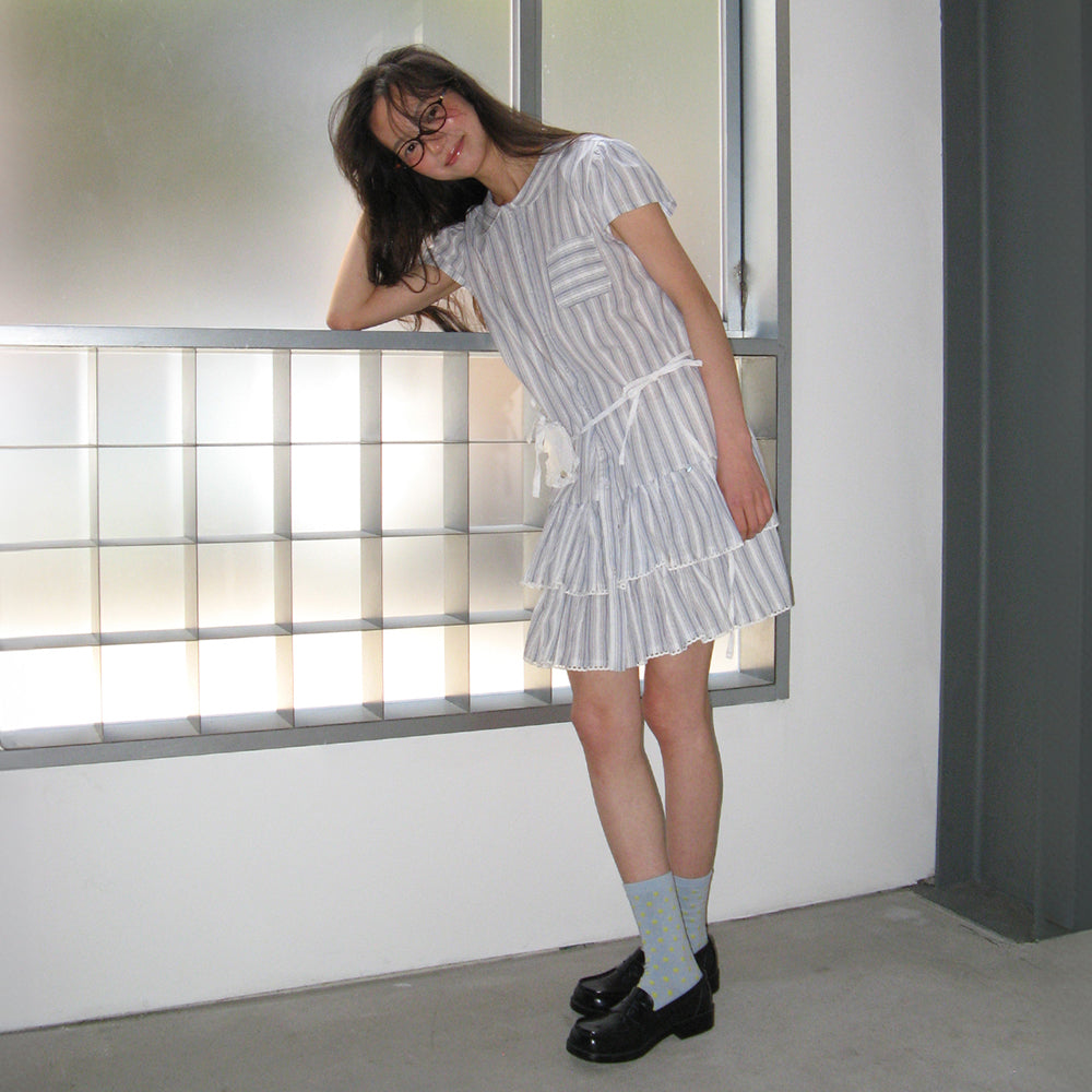 ワンピース RONRON ROUND COLLAR FRILL KANGKANG SHIRT DRESS BLUE STRIPE R RONRON ROUND COLLAR FRILL KANGKANG SHIRT DRESS BLUE STRIPE