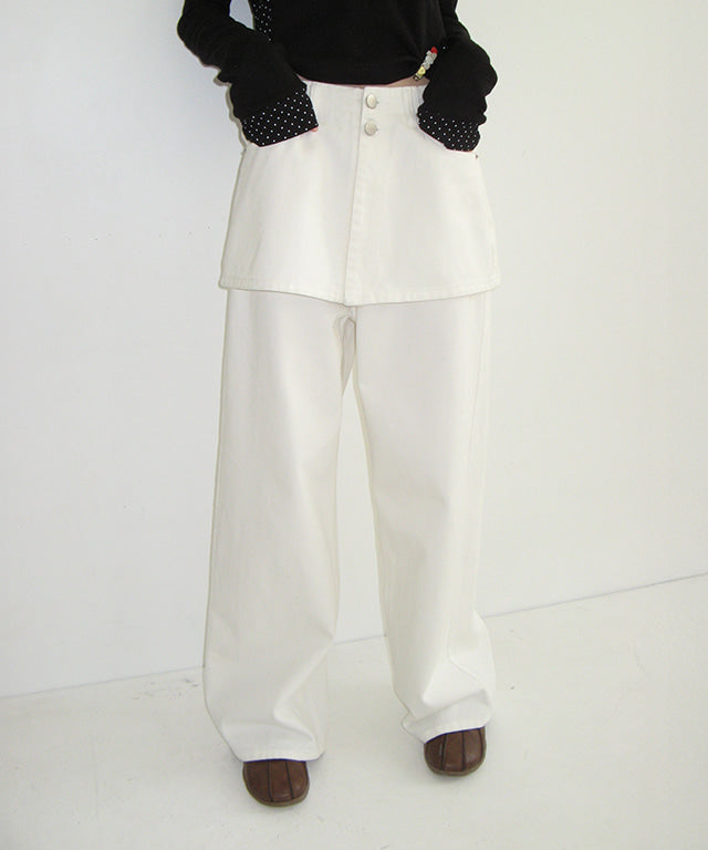 RONRON HEART POCKET DENIM SKIRT LAYERED PANTS WHITE – SeoulSeoul