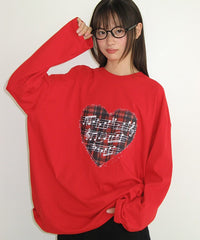 RONRON VINTAGE HEART MUSIC OVER FIT LONG SLEEVE RED