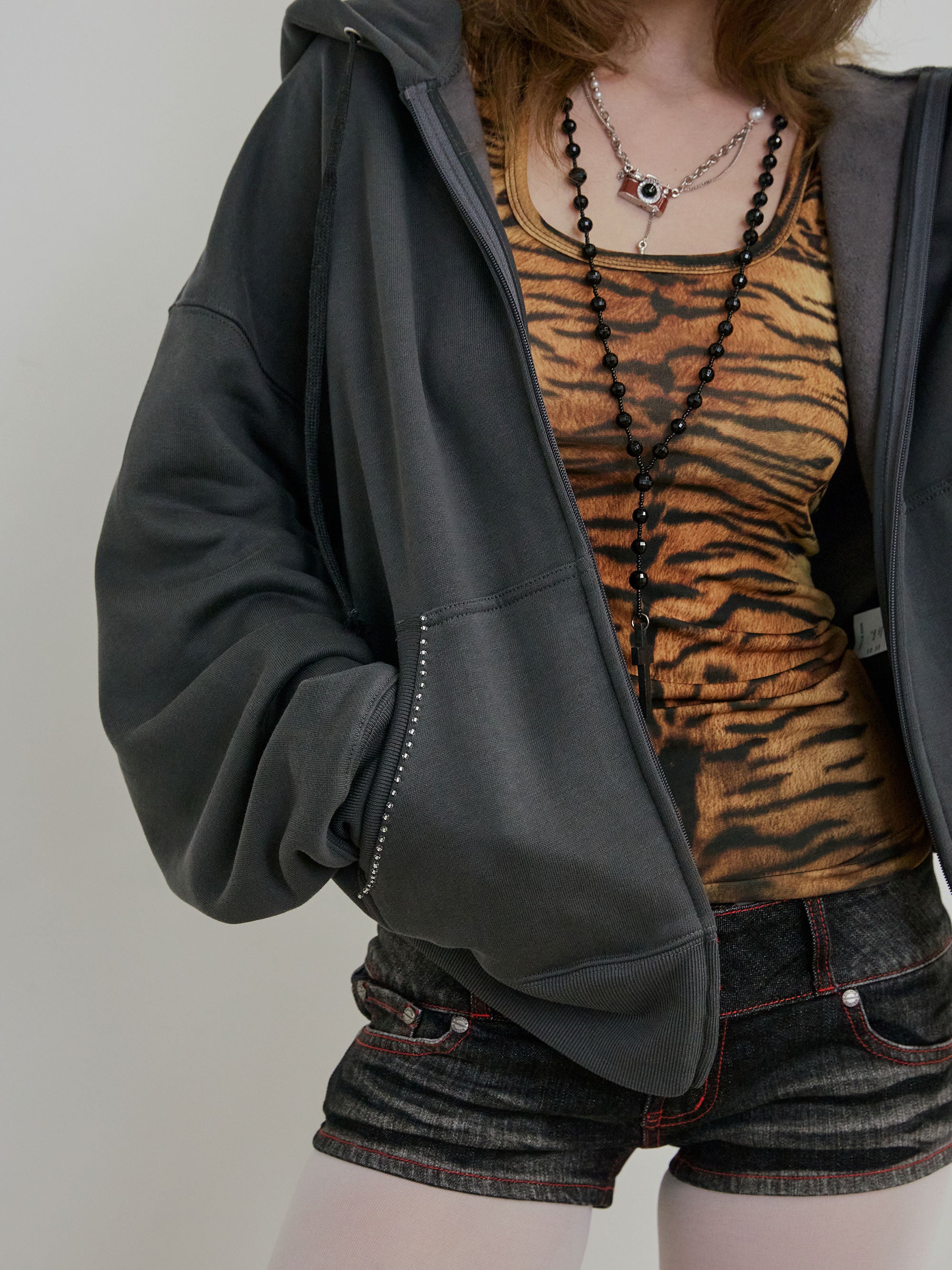SCULPTOR Beaded Saint Hoodie Zip-Up Charcoal | Shop Streetwear