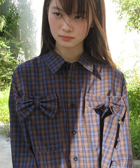 RONRON RIBBON 2 POCKET LOOSE FIT CHECK SHIRT BLUE BROWN