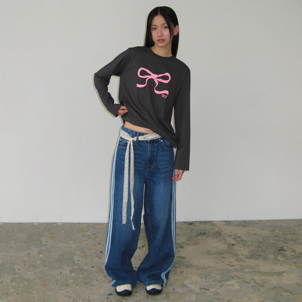 ◆RONRON◆ EMBO HEART RIBBON BASIC FIT T SHIRT CHARCOAL PINK RONRON EMBO HEART RIBBON BASIC FIT LONG SLEEVE CHARCOAL