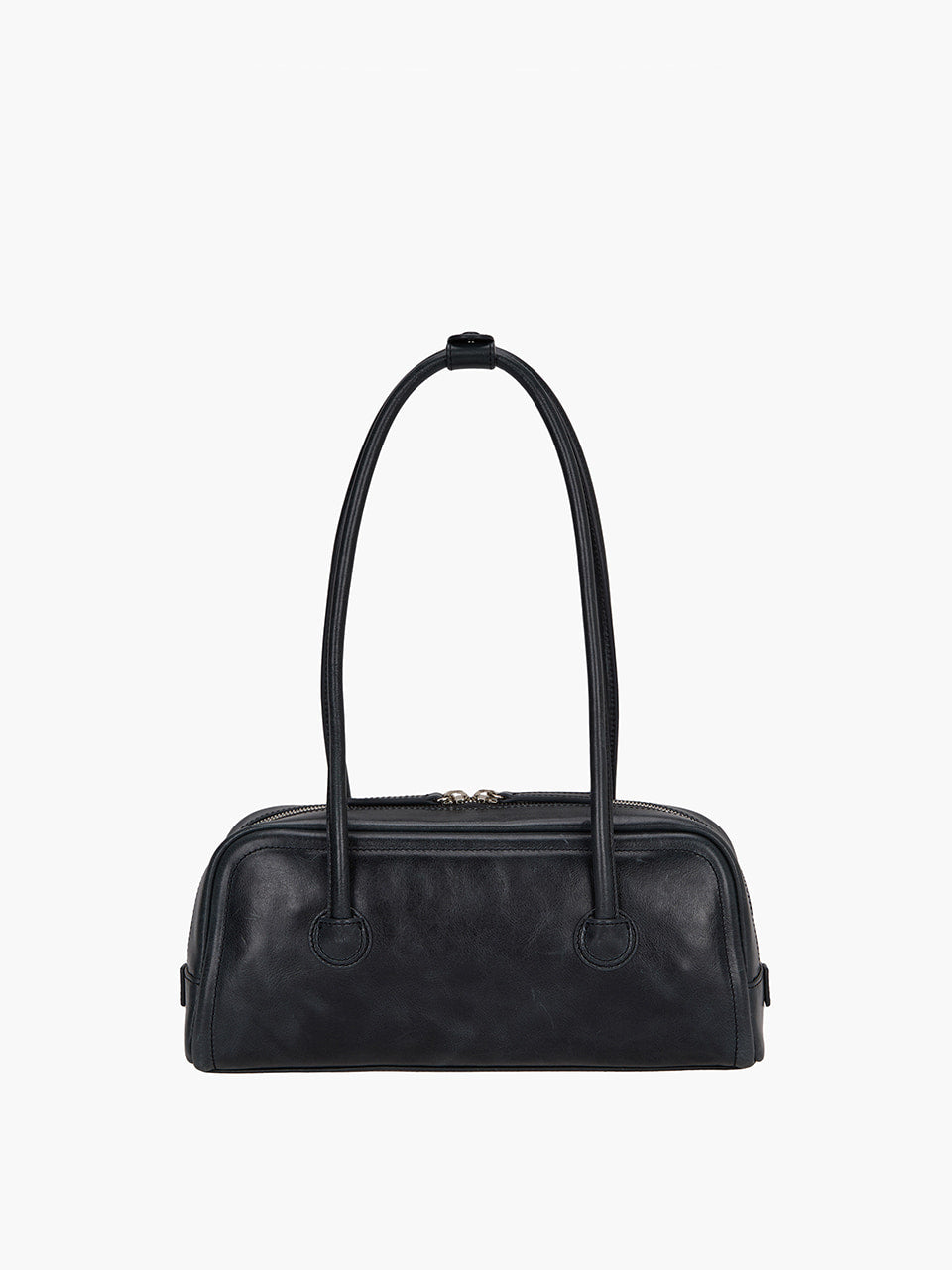 Black handbag with a shoulder strap on a white background