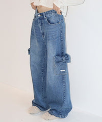 RONRON RIBBON POCKET CARGO DENIM PANTS MEDIUM BLUE