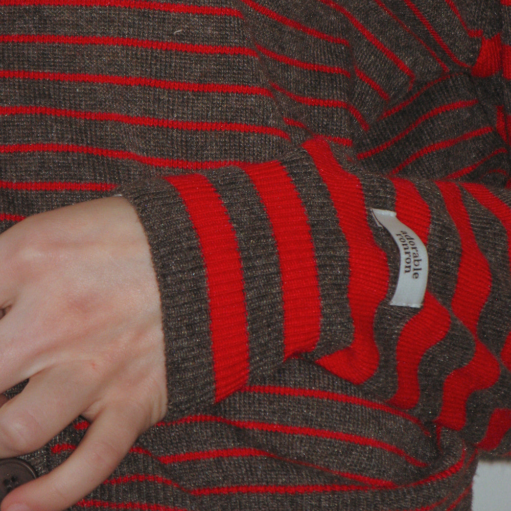 RONRON TRIPLE STRIPE HARMONY KNIT CARDIGAN RED BROWN