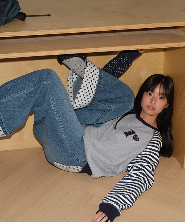 RONRON DOT R STRIPE BLOCKING SWEATSHIRT GREY – SeoulSeoul