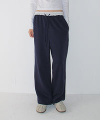 RONRON LACE WAIST WIDE SWEAT JOGGER PANTS NAVY