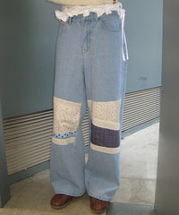 RONRON COTTAGE PATCHWORK DENIM PANTS LIGHT BLUE