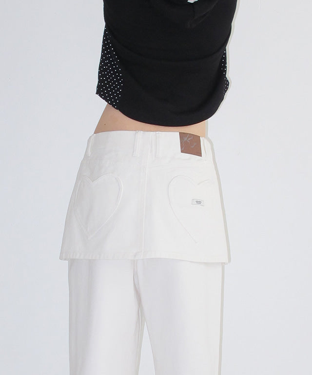 RONRON HEART POCKET DENIM SKIRT LAYERED PANTS WHITE – SeoulSeoul