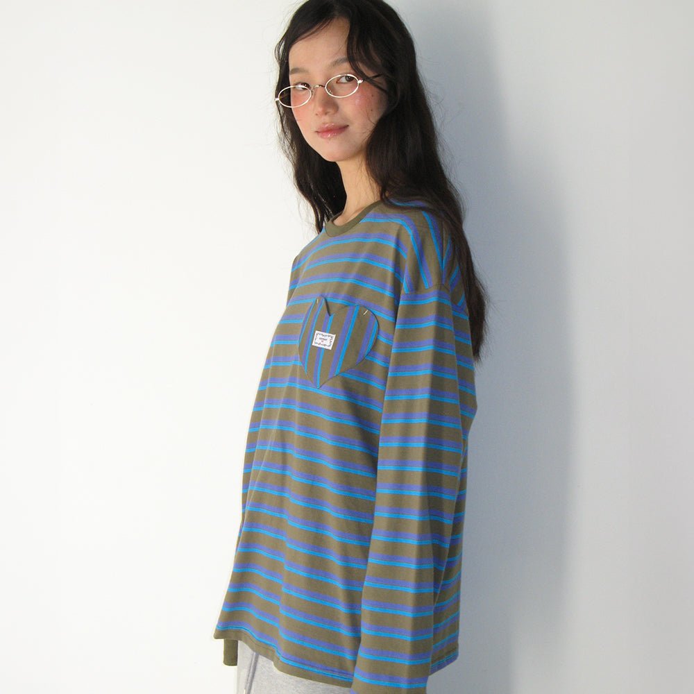 新作【RONRON】MULTI STRIPE HEART POCKET OVERFIT LONG SLEEVE RONRON MULTI STRIPE HEART POCKET OVER FIT LONG SLEEVE T