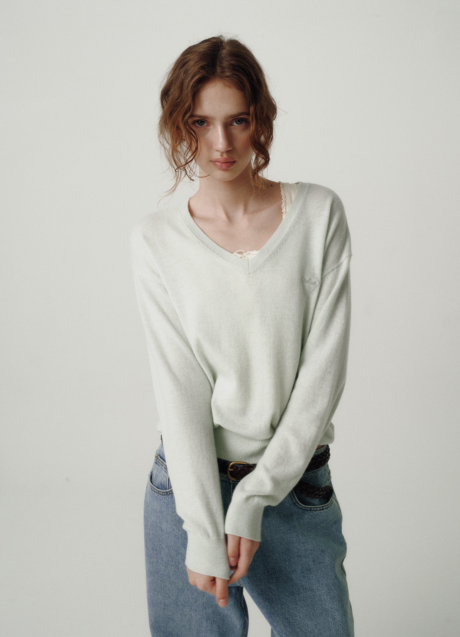 トップス thebarnnet V-Neck Knit Sweater the Barnnet Mint Light Plain V-Neck Knit Sweater – Soft