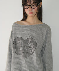 RONRON HEART MELODY OFF SHOULDER LONG SLEEVE GREY DOT