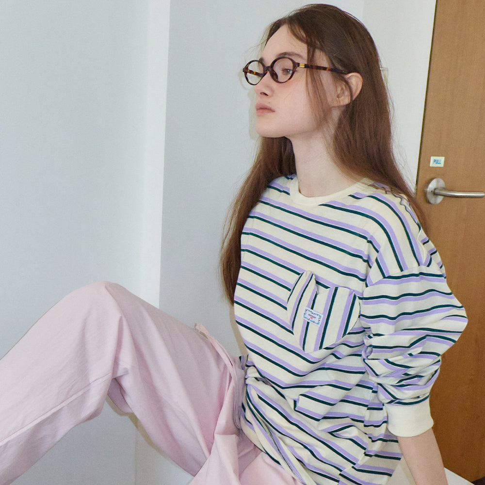 新作【RONRON】MULTI STRIPE HEART POCKET OVERFIT LONG SLEEVE RONRON MULTI STRIPE HEART POCKET OVER FIT LONG SLEEVE T