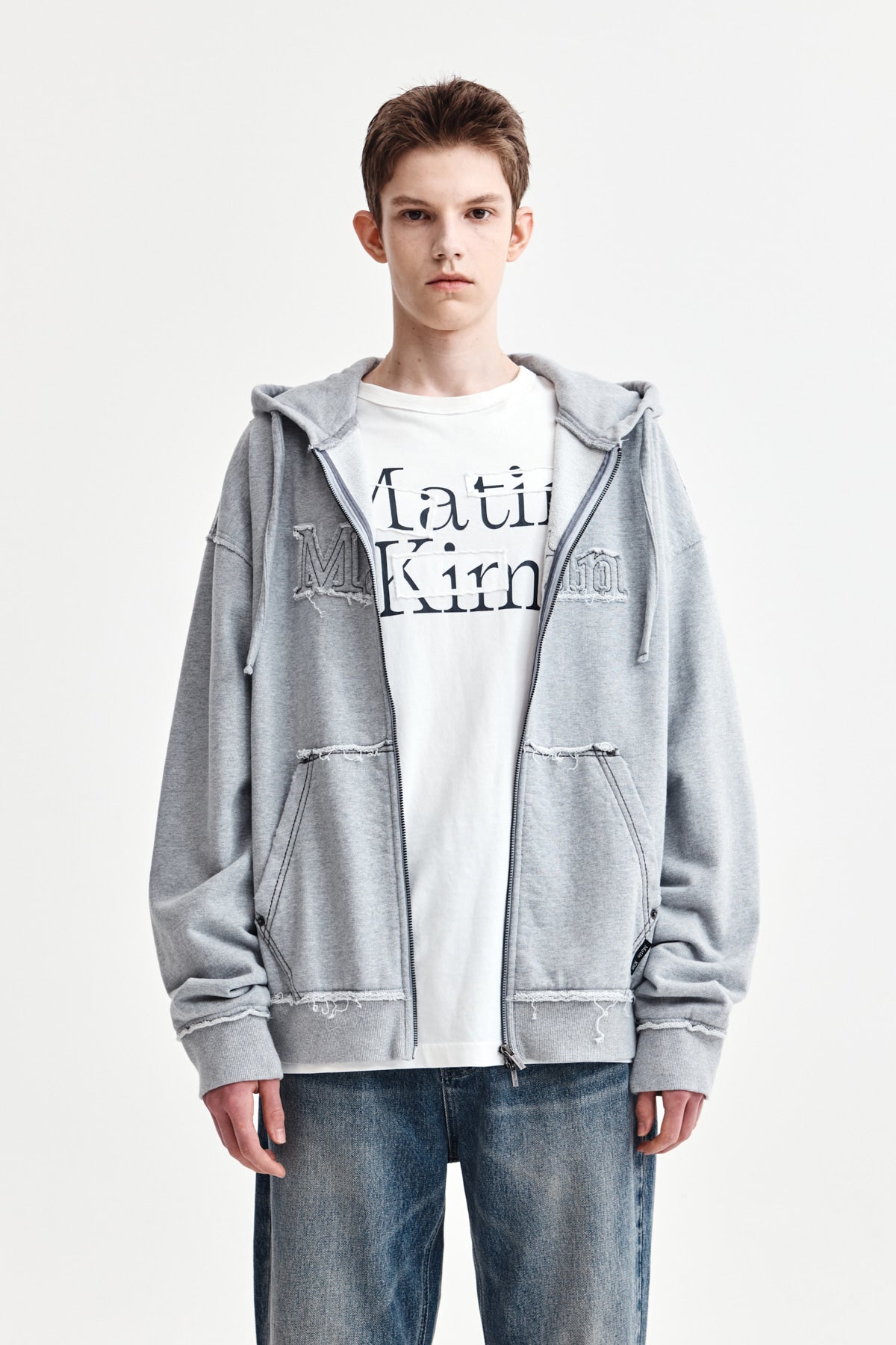 MATIN KIM RAW CUT APPLIQUE HOODY ZIP UP IN GREY – SeoulSeoul