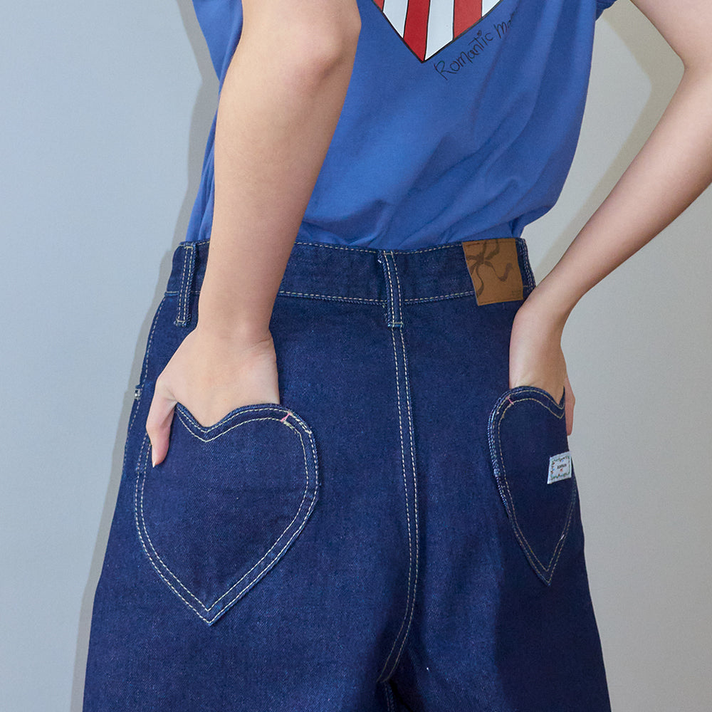 RONRON☆BACK HEART POCKET DENIM DRESS RONRON BACK HEART STITCH POCKET DENIM PANTS INDIGO BLUE