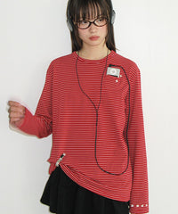 RONRON BUTTON MINI POCKET STRIPE LONG SLEEVE RED