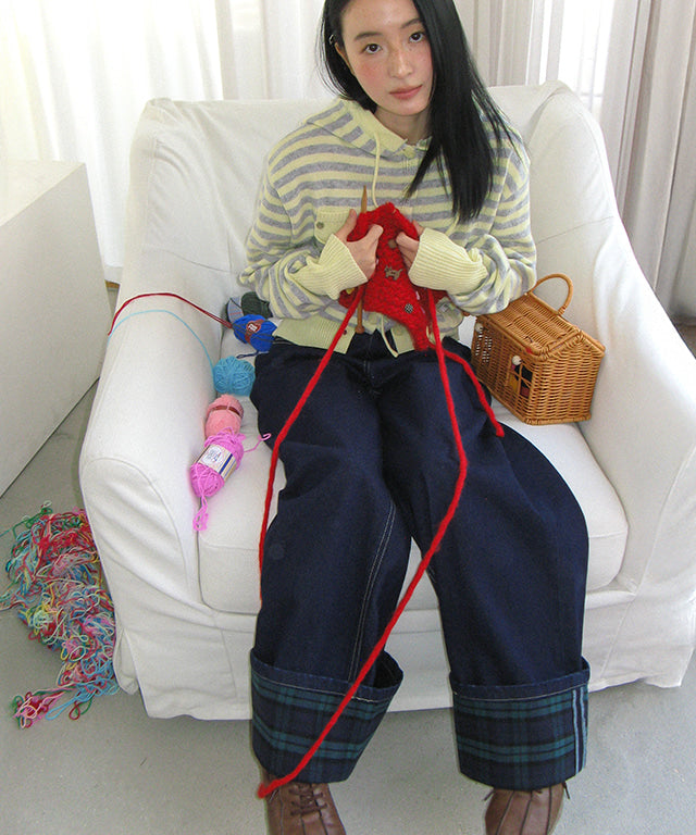 RONRON PATCH ROLL UP DENIM PANTS GREEN CHECK – SeoulSeoul