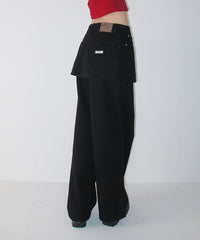 RONRON HEART POCKET DENIM SKIRT LAYERED PANTS BLACK