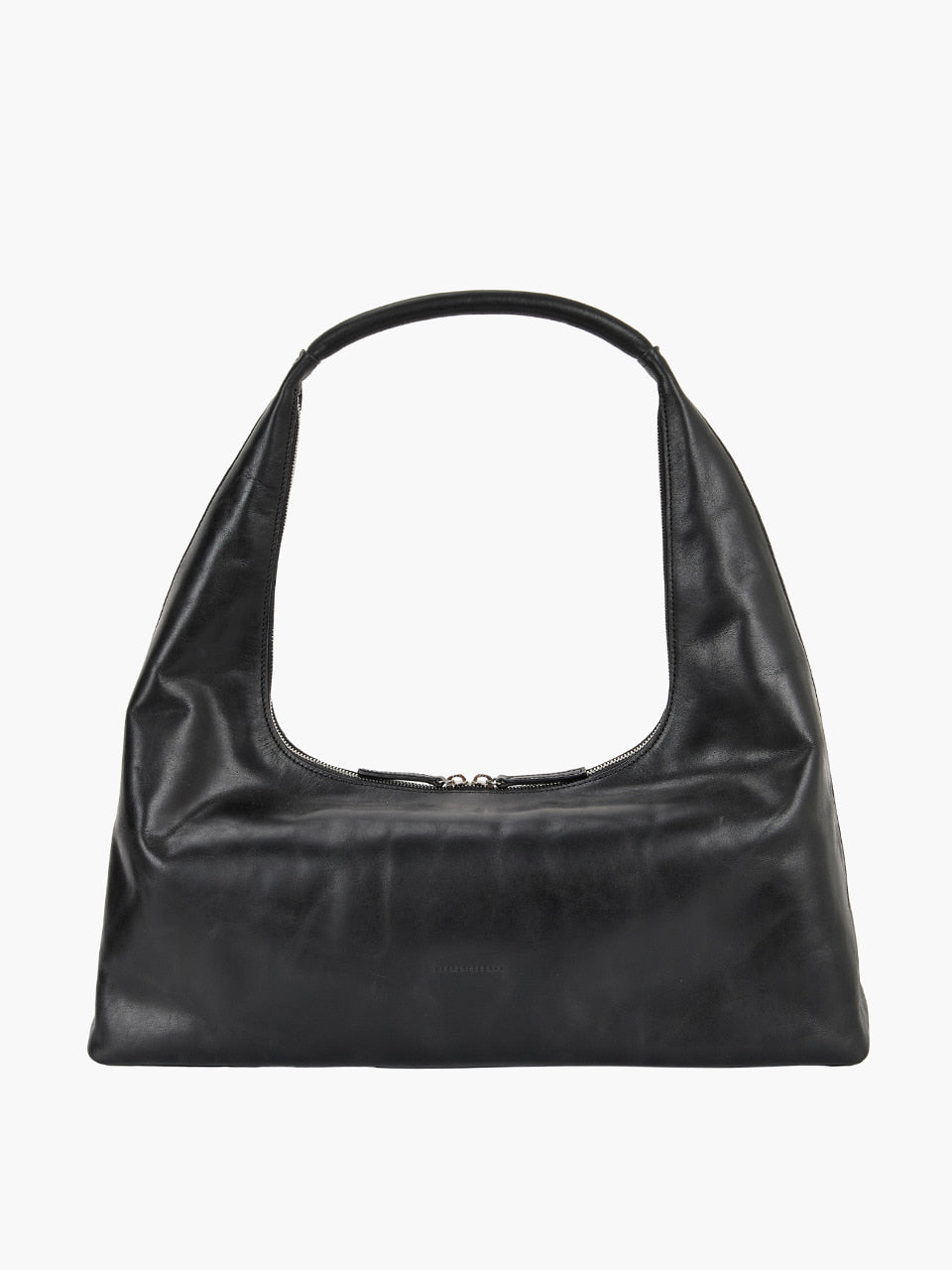 Black leather handbag on a white background