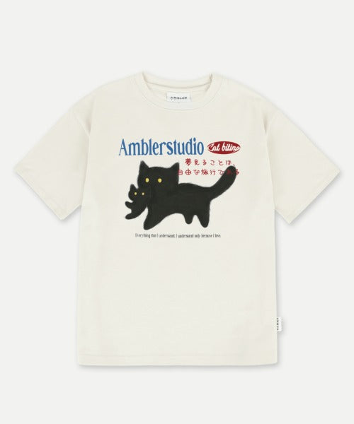 【AMBLER】 Unisex Cat biting graphic short sleeve t-shirt AMBLER Unisex Cat Biting Overfit Short Sleeve T-Shirt
