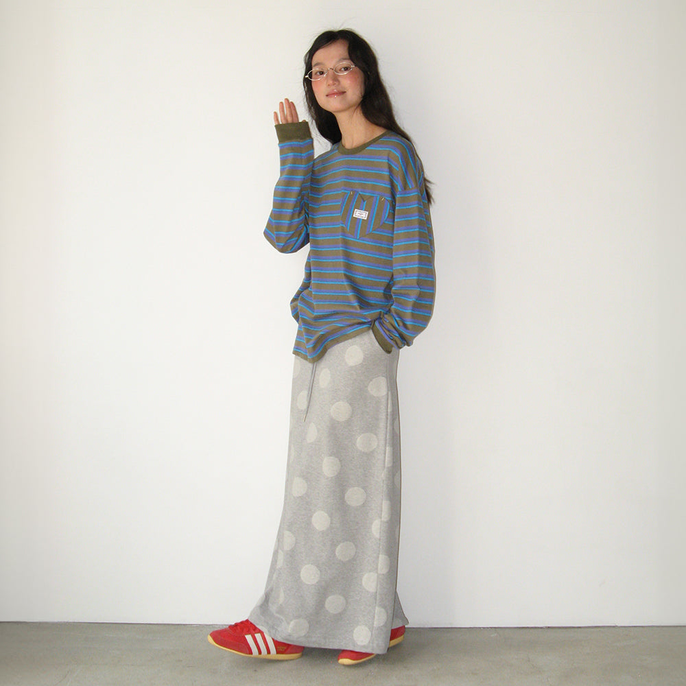 RONRON MULTI STRIPE HEART POCKET OVER FIT LONG SLEEVE T