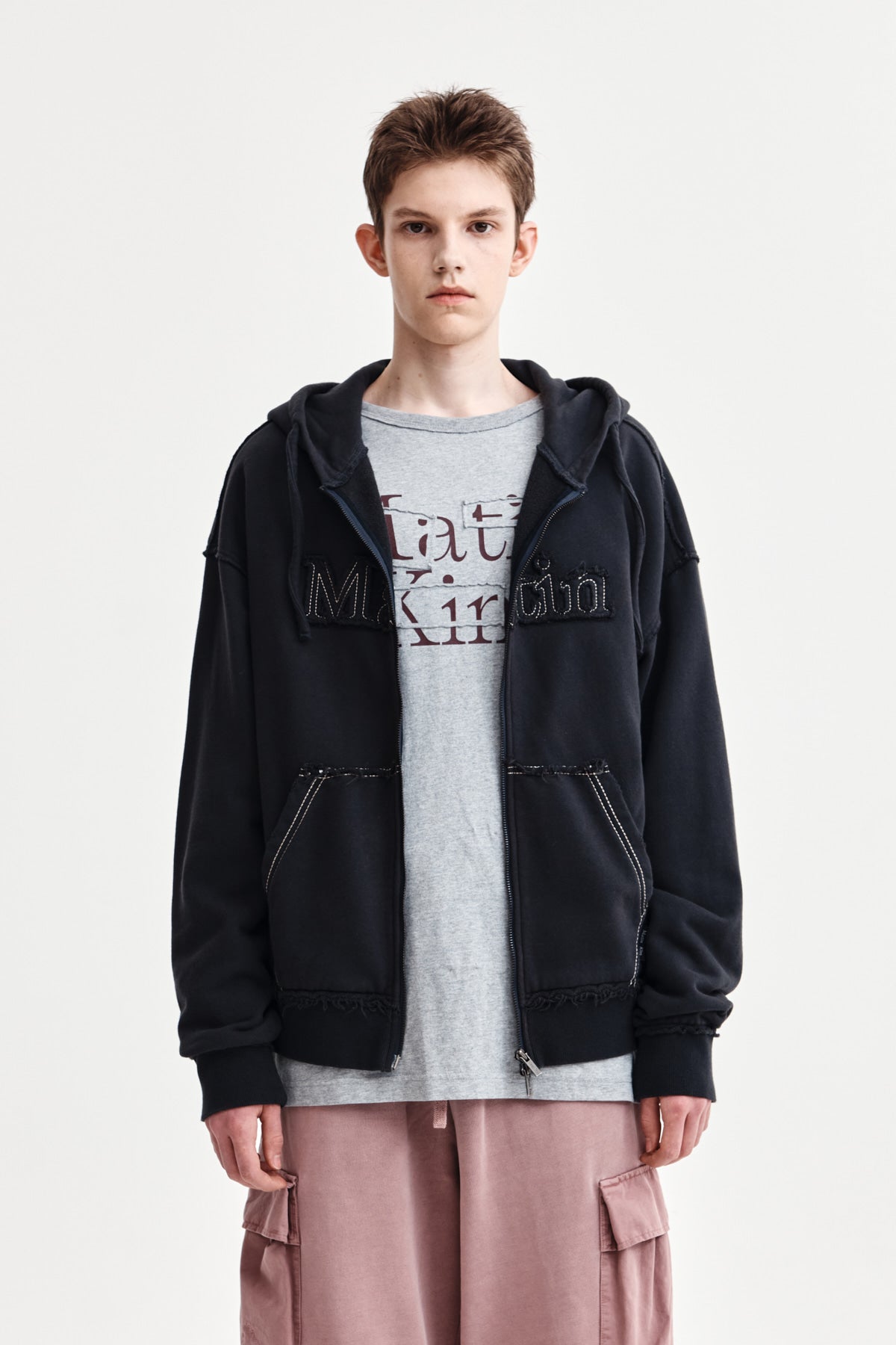 MATIN KIM RAW CUT APPLIQUE HOODY ZIP UP IN CHARCOAL – SeoulSeoul