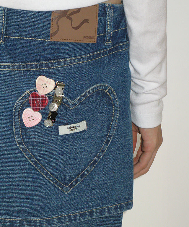 RONRON HEART POCKET DENIM SKIRT LAYERED PANTS MEDIUM BLUE