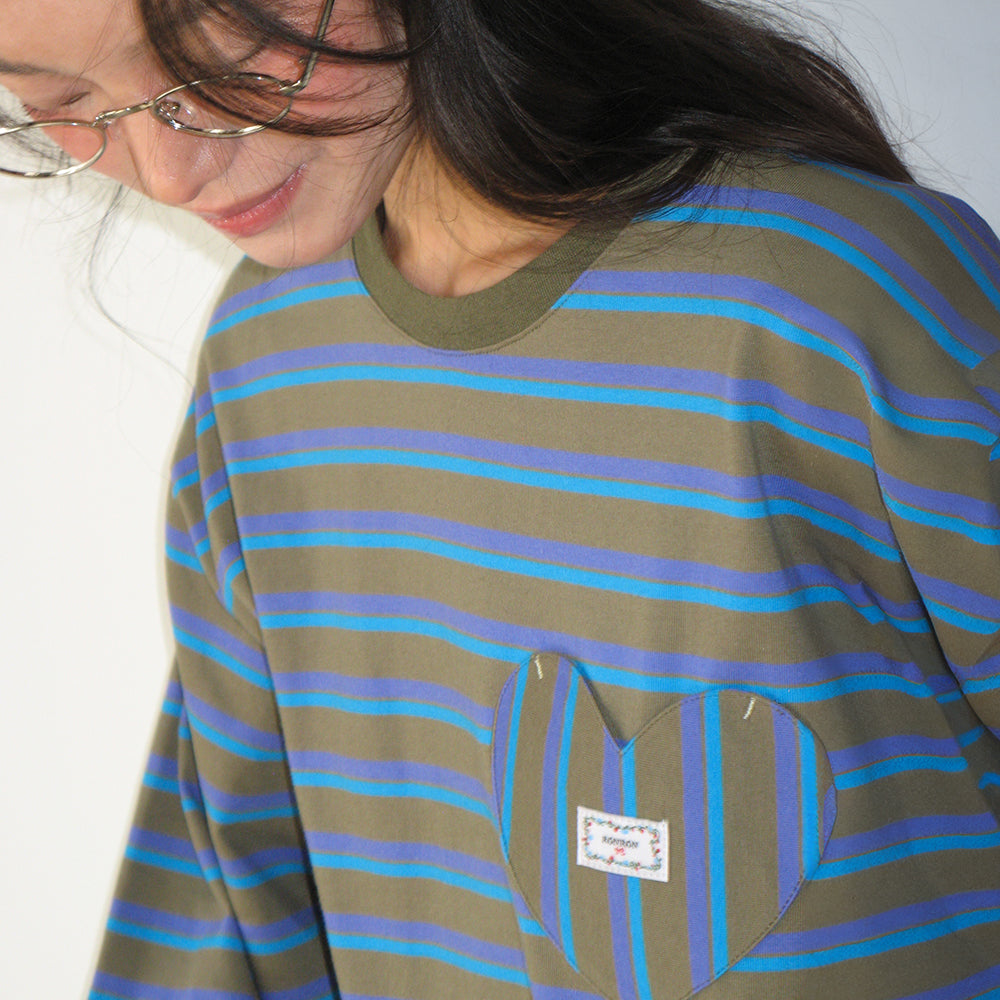 RONRON MULTI STRIPE HEART POCKET OVER FIT LONG SLEEVE T
