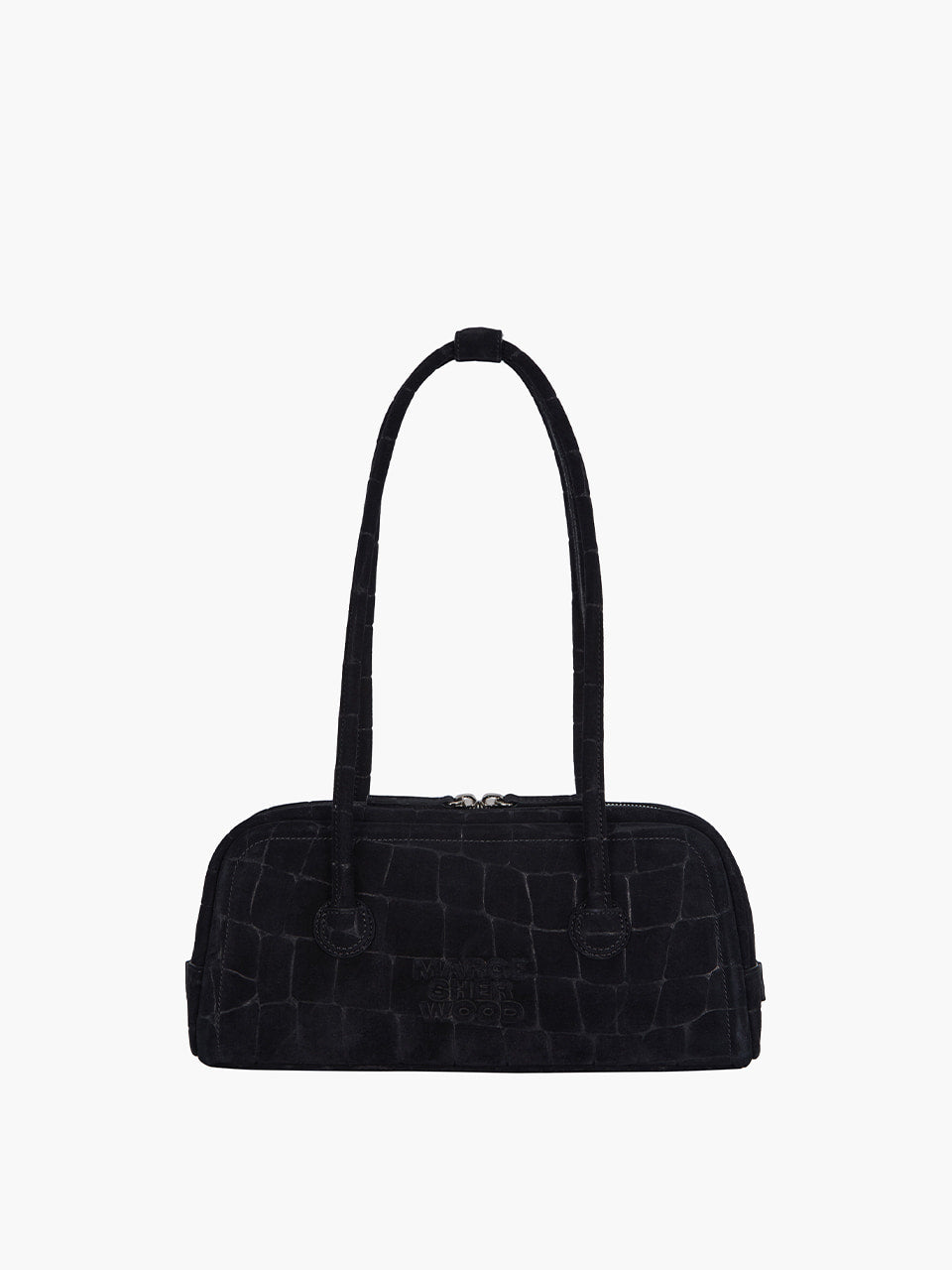 Black textured handbag on a white background