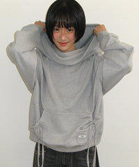 RONRON 2WAY OFF SHOULDER STRING HOODED TOP GREY