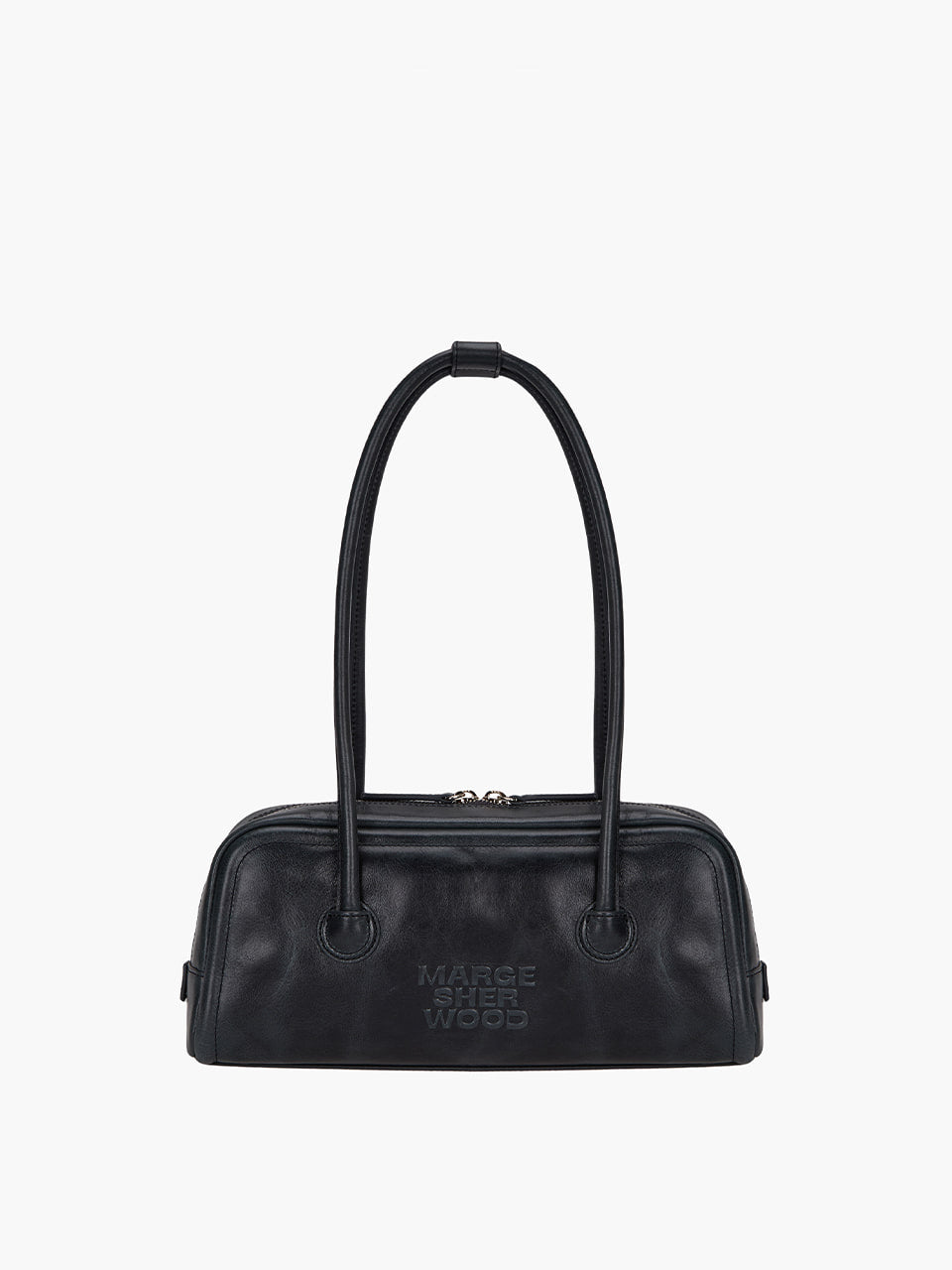Black handbag with 'MARGE ROBERTS' branding on a white background