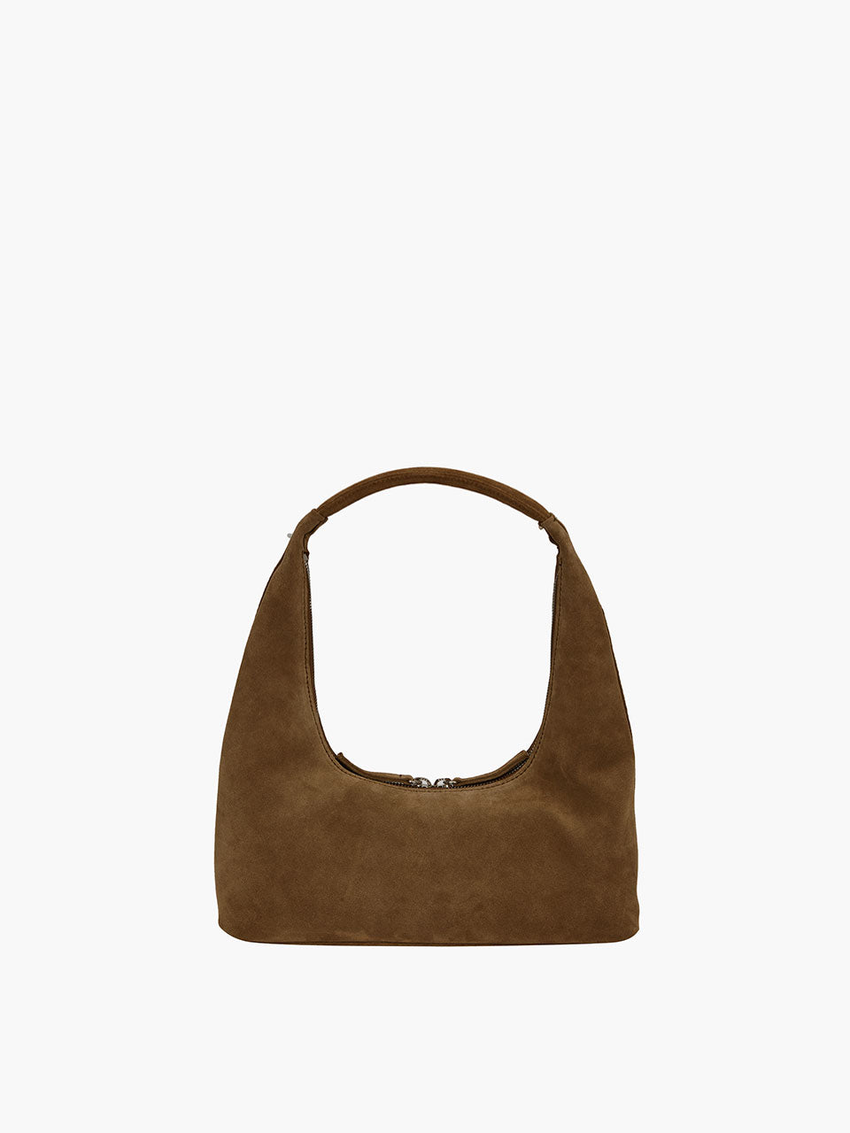 Brown suede handbag on a white background