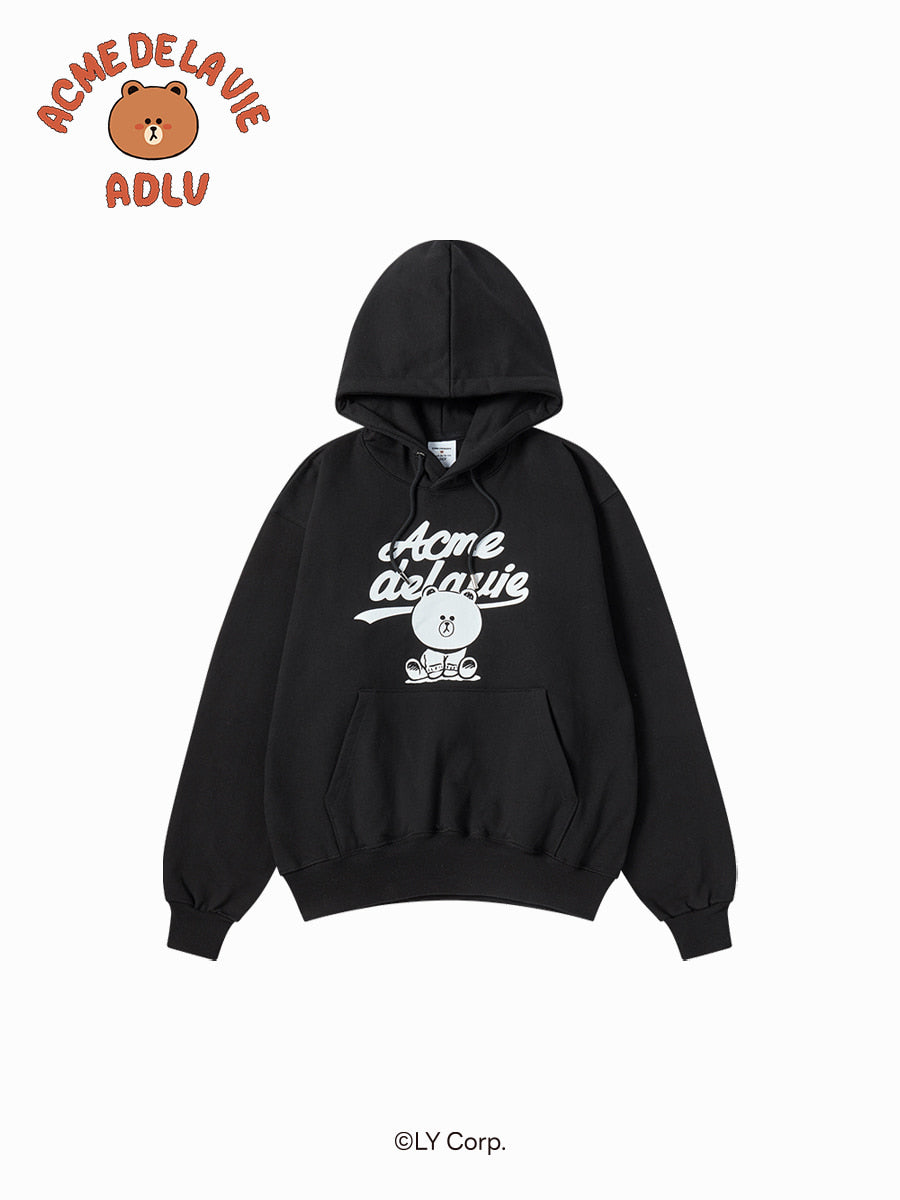 Black hoodie with white text and logo on a white background, featuring Acme De Lavie branding.