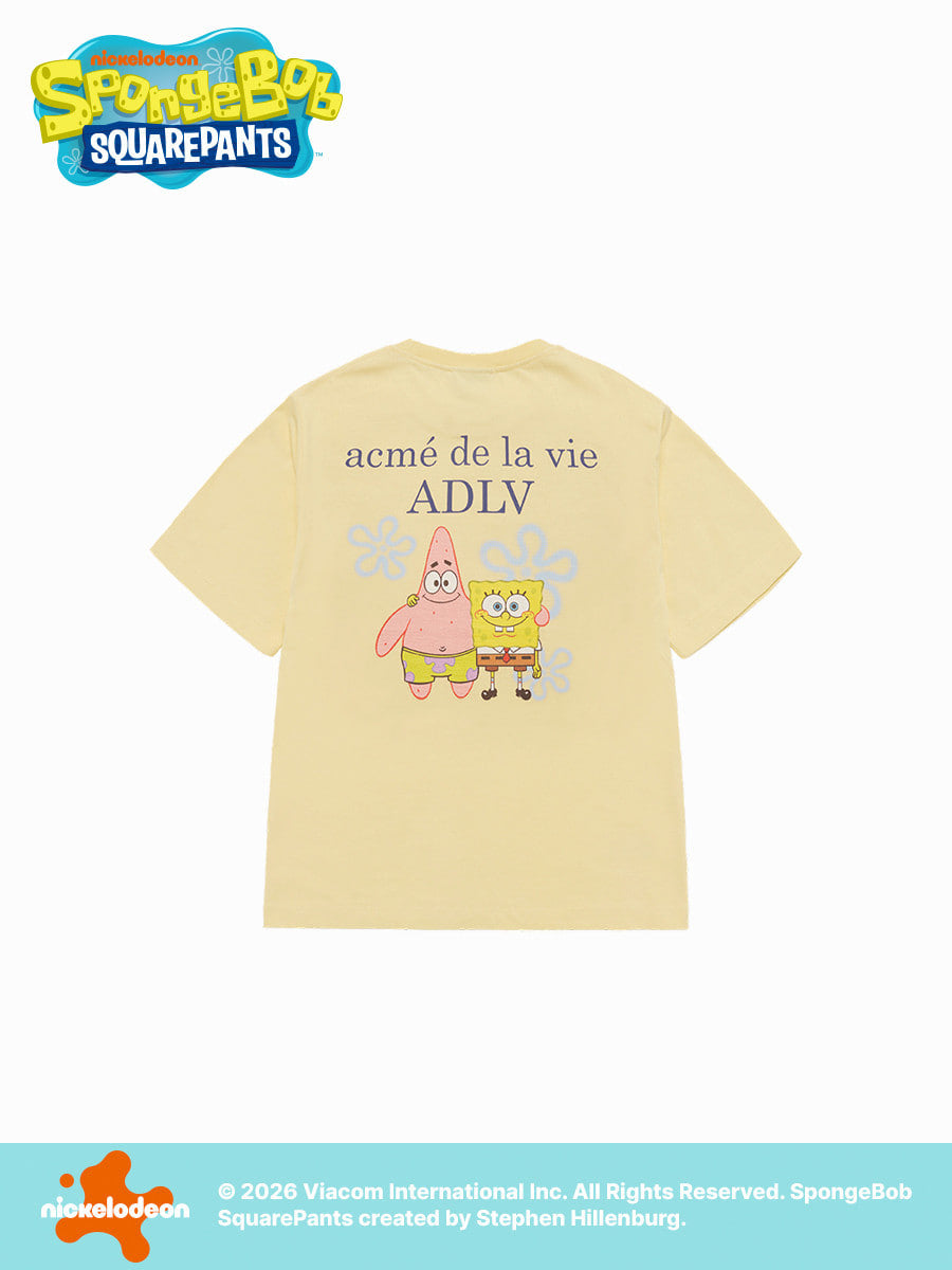 Yellow t-shirt with Patrick and SpongeBob SquarePants and text on a white background