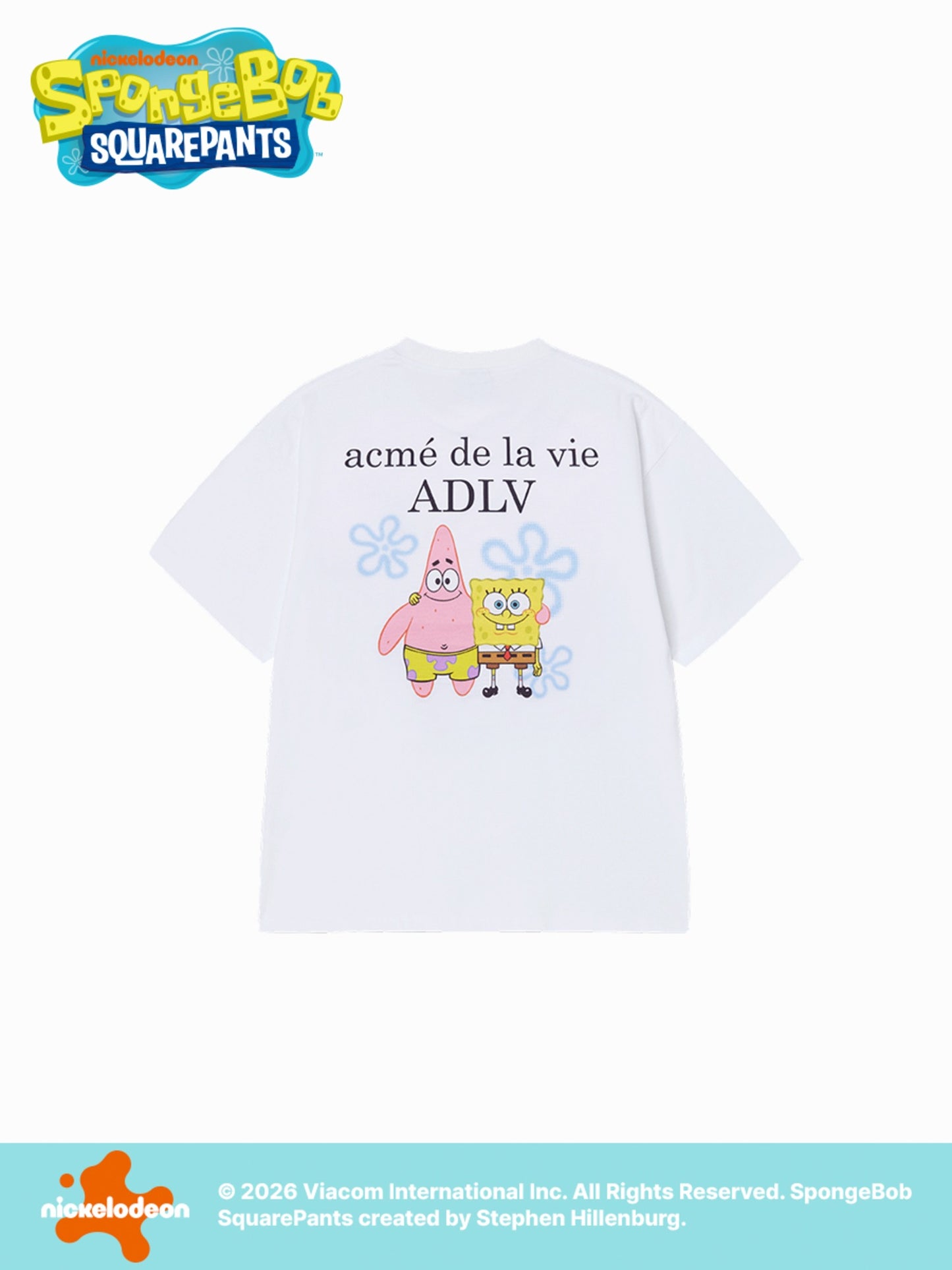 White t-shirt with cartoon characters and text on a white background, featuring the SpongeBob SquarePants logo.