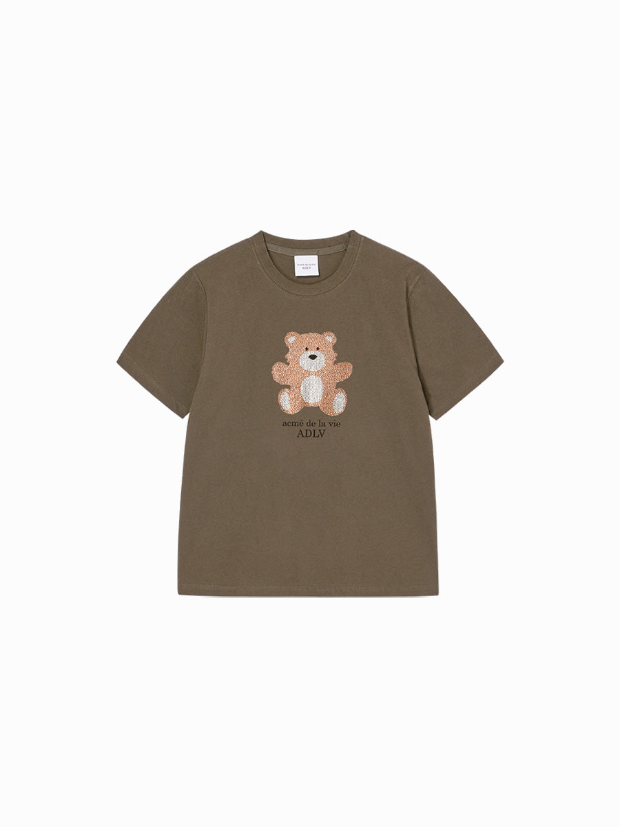 Brown t-shirt with a teddy bear graphic on a white background