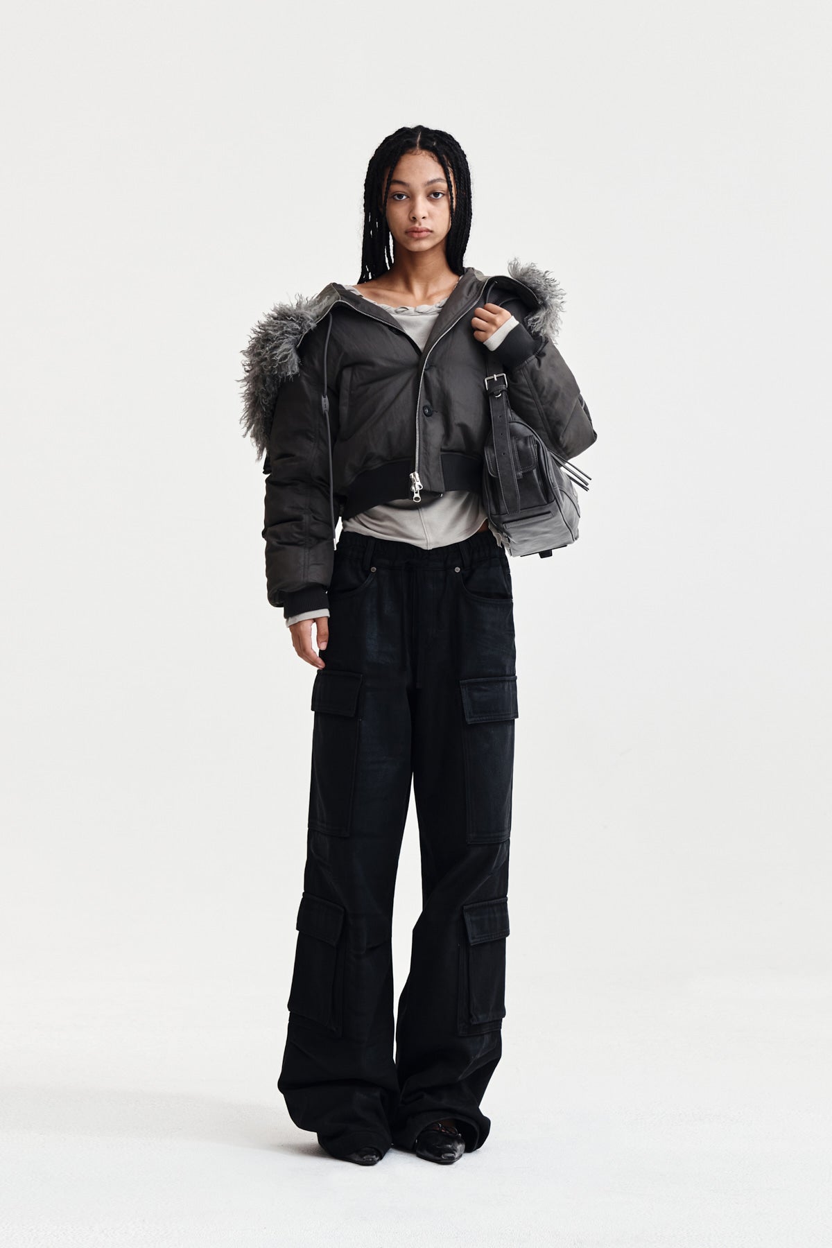 MATIN KIM FUR HOODY BOMBER DOWN JUMPER IN DARK GREY – SeoulSeoul