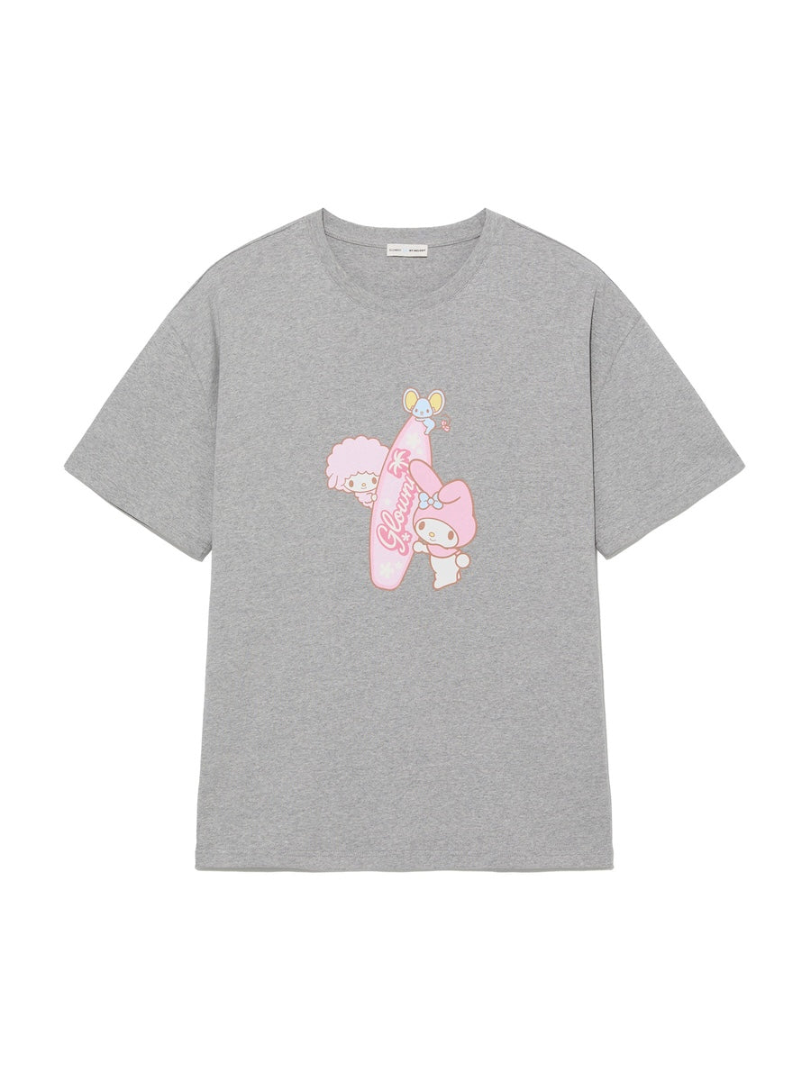 A heather gray short-sleeve t-shirt featuring a pink graphic print of two cartoon characters on the front, displayed against a solid white background.