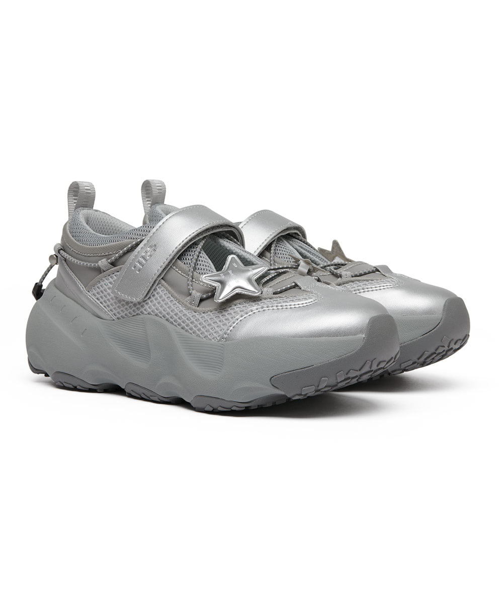 Pair of gray sneakers with a star design on a white background