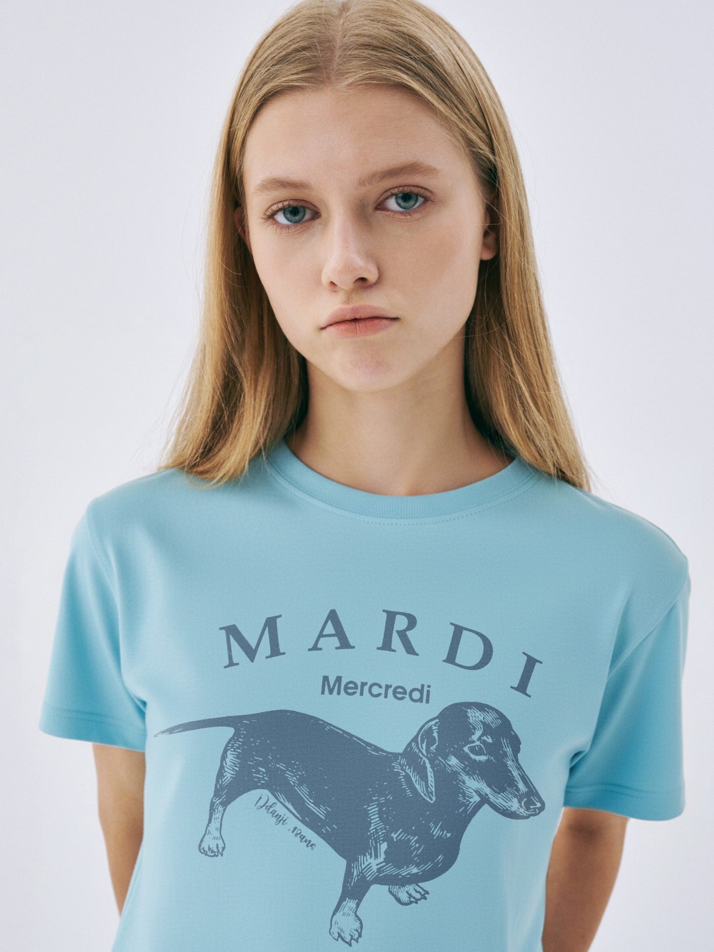 Person wearing a light blue t-shirt with a dachshund graphic and 'Mardi Mercredi' text.