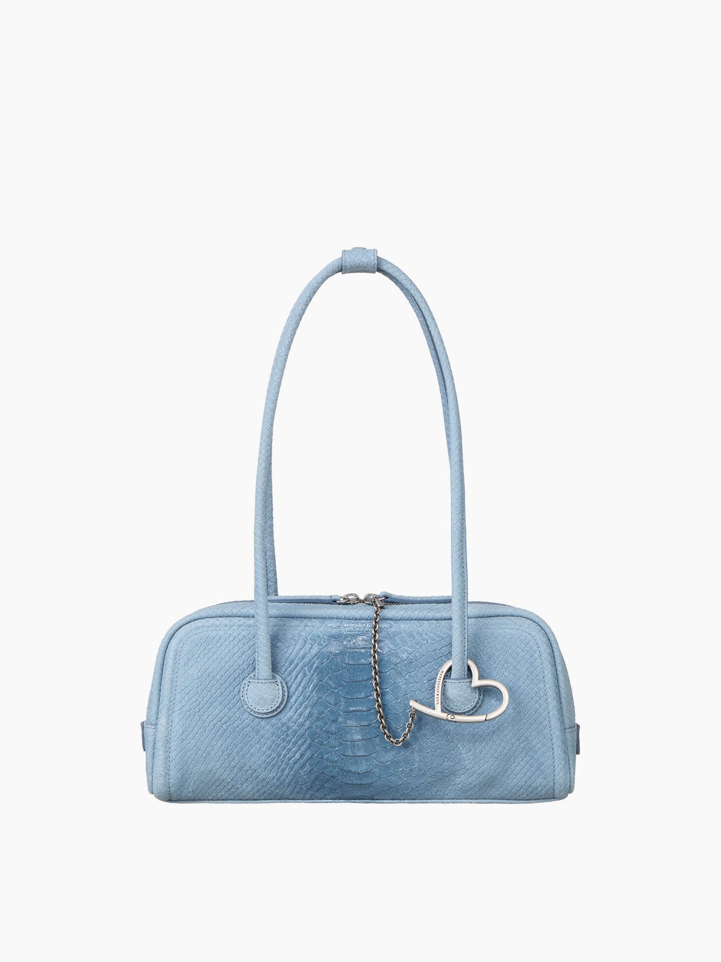 A light blue textured leather handbag with a top handle, a silver chain detail, and a silver heart-shaped clasp, shown against a plain white background.
