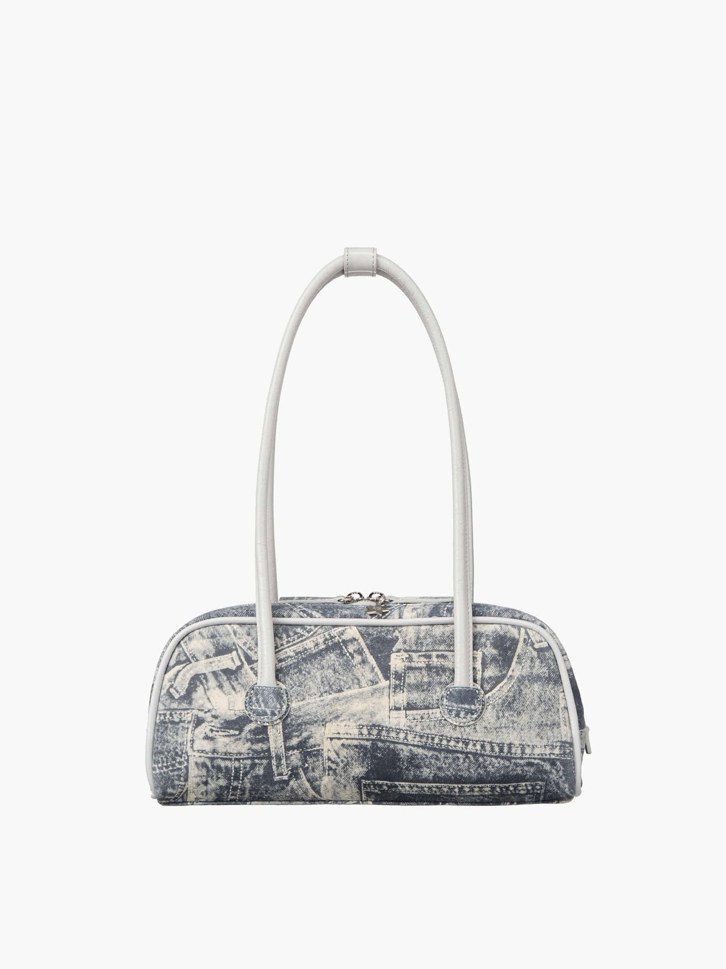 Denim handbag with a white handle on a white background
