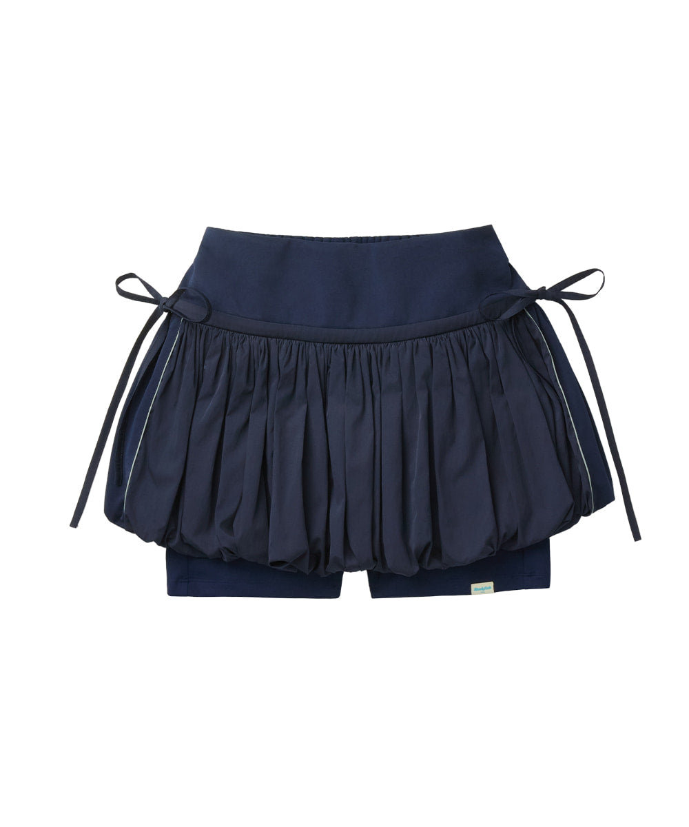 Navy blue shorts with drawstring on a white background