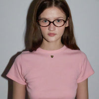 RONRON BACK RIBBON HEART SLIM CROP T SHIRTS PINK