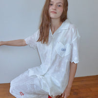 RONRON COTTON EYELET SCALLOP STITCH HEART POCKET SHORT SHIRT WHITE