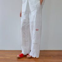 RONRON COTTON EYELET SCALLOP PENDANT DROP BANDING PANTS WHITE