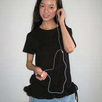 RONRON FRILL SHIRRING SHORT SLEEVE T SHIRT BLACK